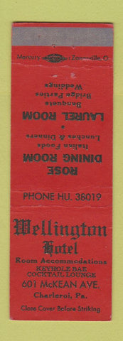 Matchbook Cover - Wellington Hotel Charleroi PA