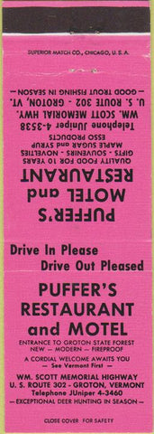 Matchbook Cover - Puffer's Motel Restaurant Groton VT
