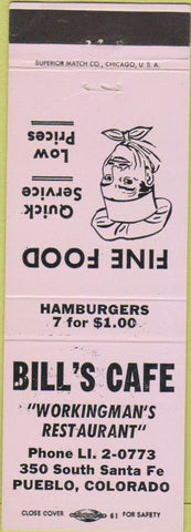 Matchbook Cover - Bill's Cafe Pueblo CO