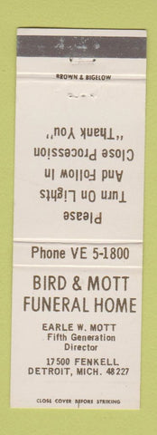 Matchbook Cover - Bird and Mott Funeral Home Detroit MI
