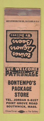 Matchbook Cover - Bontempo's Package Store Southwick MA WORN