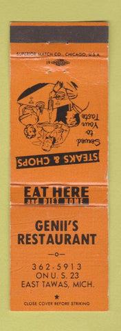 Matchbook Cover - Genii's Restaurant East Tawas MI WEAR ORANGE