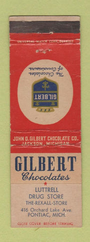 Matchbook Cover - Gilbert Chocolates Luttrell Drug Store Pontiac MI WEAR