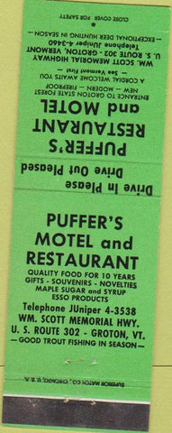 Matchbook Cover - Puffer's Motel Restaurant Groton VT green