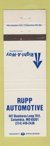 Matchbook Cover - Rupp Automotive Right A Way Parts Columbia MO