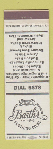 Matchbook Cover - Barth's Clothing Columbia MO Steton Hats