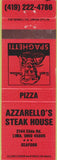 Matchbook Cover - Azzarello's Steak House Lima OH