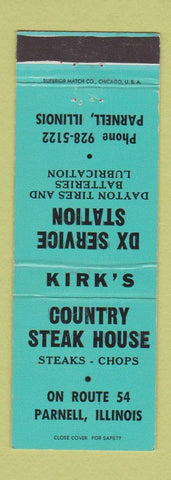 Matchbook Cover - Kirk's Country Steak DX oil gas Parnell IL