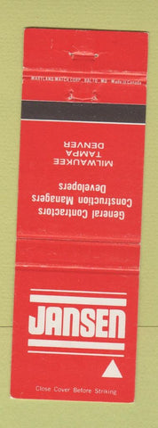 Matchbook Cover - Jansen Contractors Milwaukee WI Tampa FL Denver