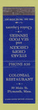 Matchbook Cover - Colonial Restaurant Plymouth MA