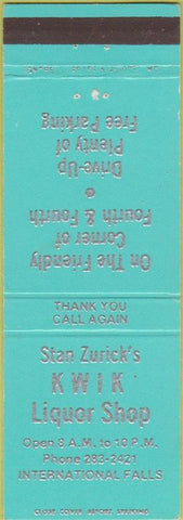 Matchbook Cover - Zurick's Kwik Liquor Shop International Falls MN