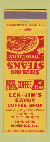 Matchbook Cover - Len Jim's Savoy Coffee Shop Momence IL WEAR