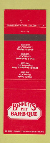 Matchbook Cover - Bennetts Pit BBQ Denver Lakewood Arvada Englewood Colorado