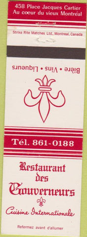 Matchbook Cover - Restaurant Des Gouverneurs Montreal