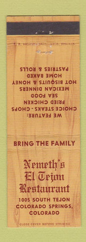Matchbook Cover - Nemeth's El Tejon Restaurant Colorado Springs