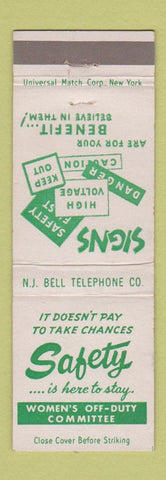 Matchbook Cover - Safety NJ Bell Telephone New Jersey Warning Signs