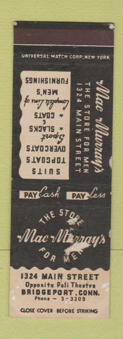 Matchbook Cover - Mac Murray's Men's Clothes Bridgeport CT PAPER LOSS POOR