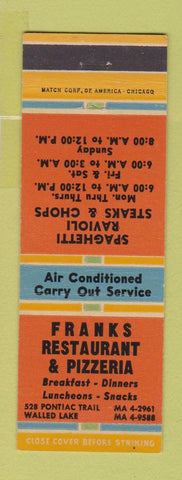 Matchbook Cover - Frank Restaurant Pizza Walled Lake MI