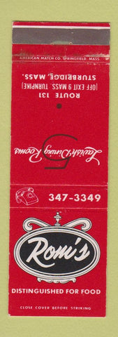 Matchbook Cover - Romi's Sturbridge MA restaurant
