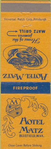 Matchbook Cover - Hotel Matz Bluefield WV