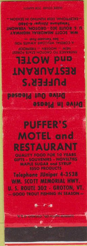 Matchbook Cover - Puffer's Motel Restaurant Groton VT red