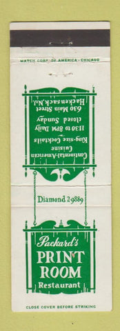 Matchbook Cover - Packard's Print Room Restaurant Hackensack NJ