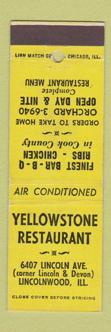 Matchbook Cover - Yellowstone Restaurant Lincolnwood IL