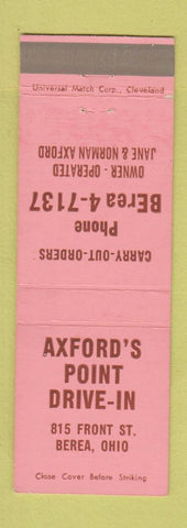Matchbook Cover - Axford's Point Drive In Berea OH