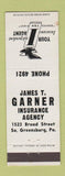 Matchbook Cover - James Garner Insurance South Greensburg PA