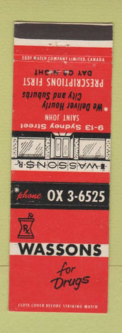 Matchbook Cover - Wassons Drug Store St John NB?