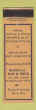 Matchbook Cover - Nicholas Bar Grill Paterson NJ WORN