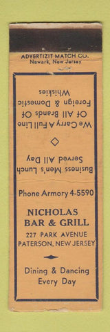 Matchbook Cover - Nicholas Bar Grill Paterson NJ WORN