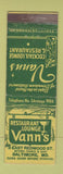 Matchbook Cover - Vann's Restaurant Lounge Baltimore MD WEAR