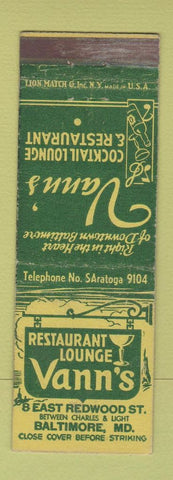 Matchbook Cover - Vann's Restaurant Lounge Baltimore MD WEAR