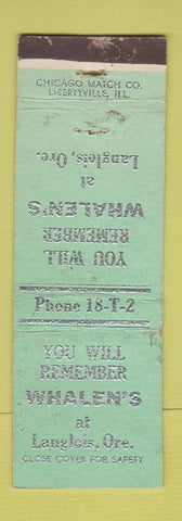 Matchbook Cover - Whalen's Langlois OR WEAR