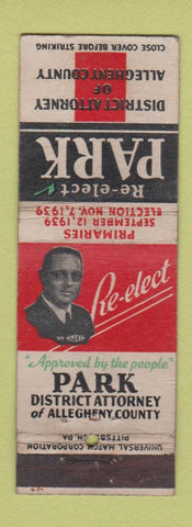 Matchbook Cover - Park for District Attorney Allegheny County PA 1939 WEAR