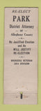 Matchbook Cover - Park for District Attorney Allegheny County PA 1939 WEAR