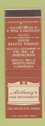Matchbook Cover - Anthony's Fine Restaurants Boston Lynn Swampscott MA