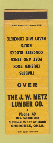 Matchbook Cover - JW Metz Lumber Cherokee OK low phone #