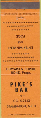 Matchbook Cover - Pike's Bar Stambaugh MI