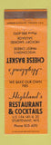 Matchbook Cover - Highland's Restaurant Cheese Basket Sturtevant WI WEAR