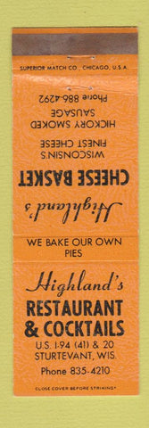 Matchbook Cover - Highland's Restaurant Cheese Basket Sturtevant WI WEAR