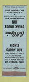 Matchbook Cover - Steak House Inn Mount Vernon OH Nick's Carry Out WEAR