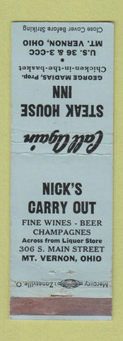 Matchbook Cover - Steak House Inn Mount Vernon OH Nick's Carry Out WEAR