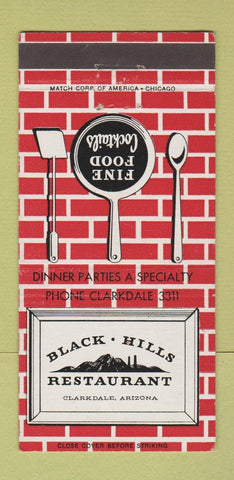 Matchbook Cover - Black Hills Restaurant Clarkdale AZ 30 Strike