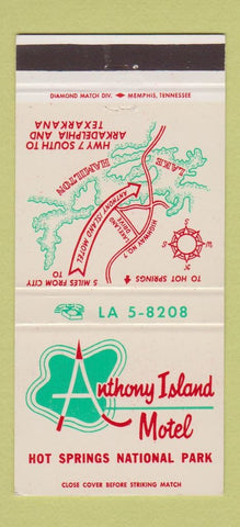Matchbook Cover - Anthony Island Motel Hot Springs National Park AR 30 Strike