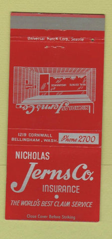 Matchbook Cover - Nicholas Jerns Insurance Bellingham MA 30 Strike