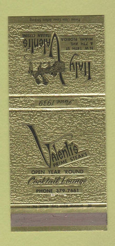 Matchbook Cover - Valenti's Steak Italian Miami FL 30 Strike