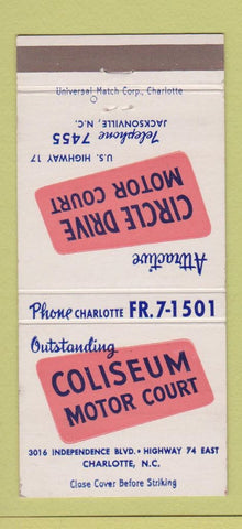 Matchbook Cover - Coliseum Motor Court Charlotte NC 30 Strike