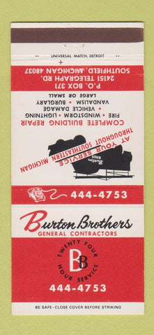 Matchbook Cover - Burton Brothers Contractors Southfield MI 30 Strike